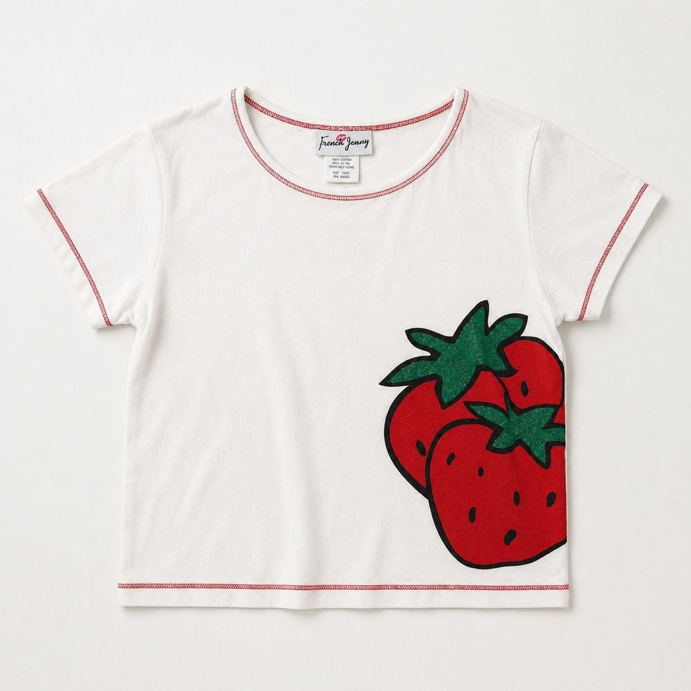 Vtg Y2K French Jenny Strawberry Berry Graphic Baby Tee White Red Fruit Cute Fun